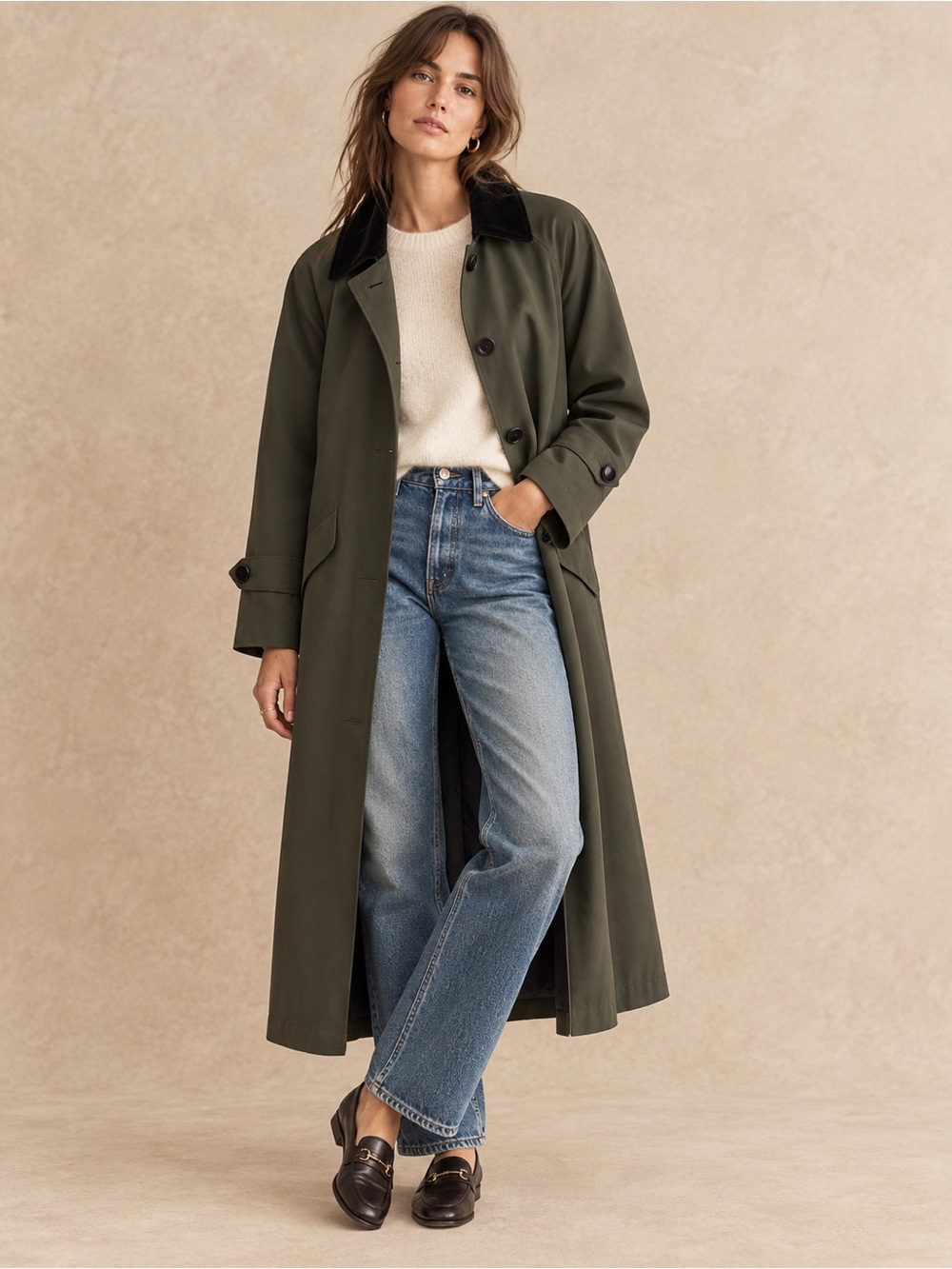 VTG Forest Green Trench Coat Petite 6 Velvet Collar Long Raincoat